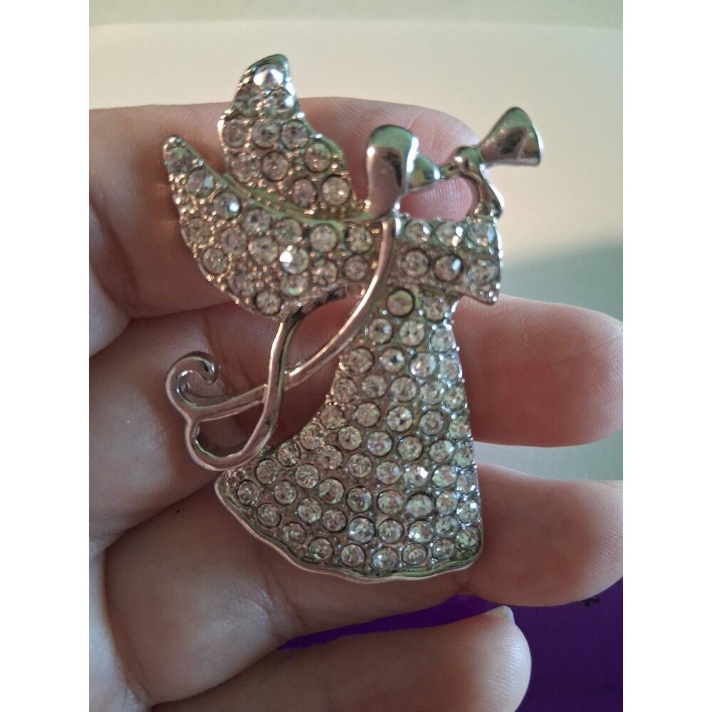 Monet Silver Tone Rhinestone Christmas Angel with Horn Brooch Pin